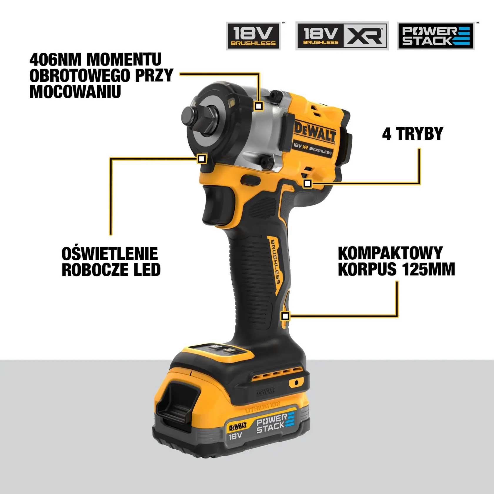 18 V XR Bezszczotkowy kompaktowy klucz udarowy z kowadełkiem i pierścieniem mocującym 1/2" — 2 X POWERSTACK™ Compact