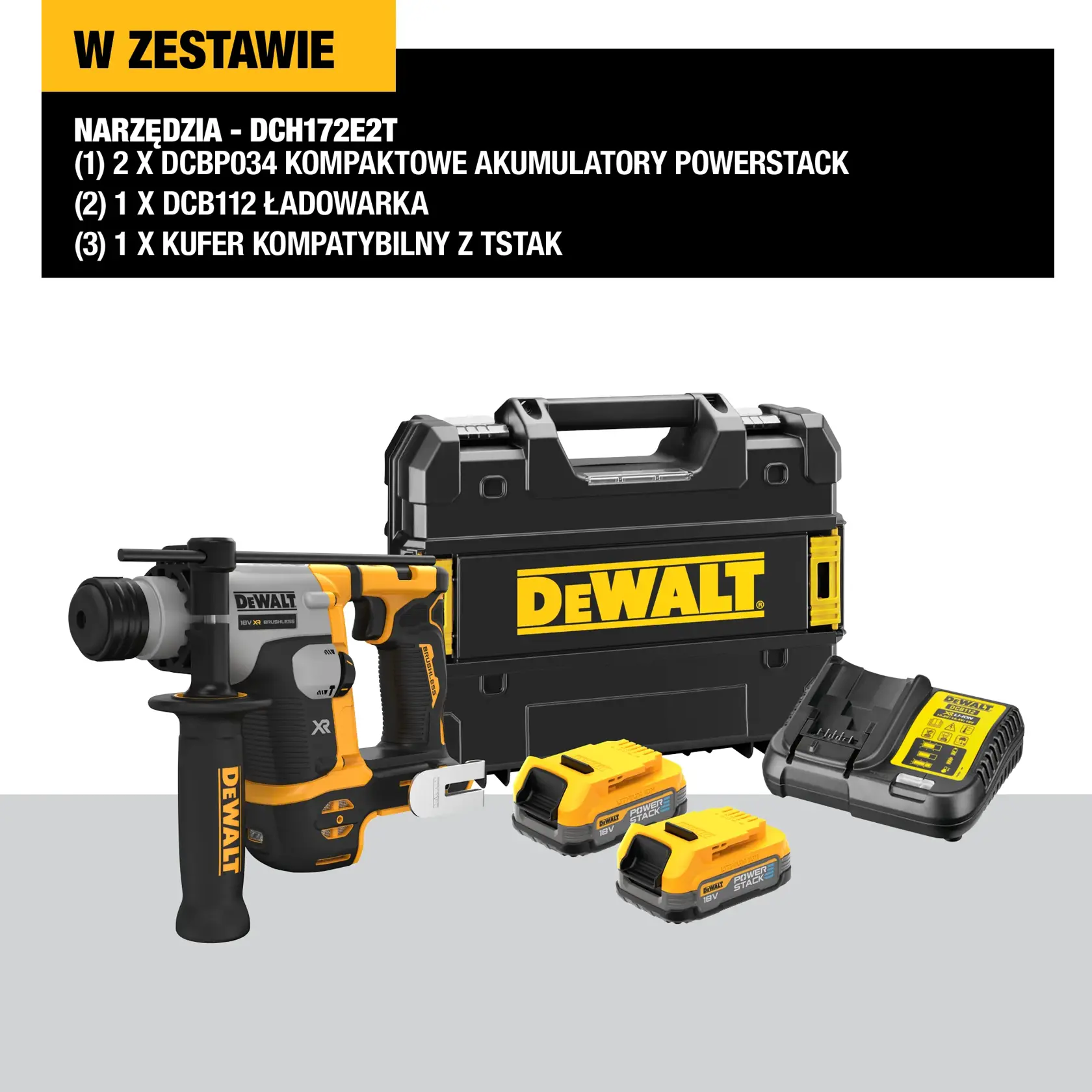 Martillo rotativo DEWALT 18V XR sin escobillas con batería PowerStack, mostrando el control activo de vibración, motor sin escobillas, interruptor de selección de modo y diseño compacto mediante textos destacados en español.