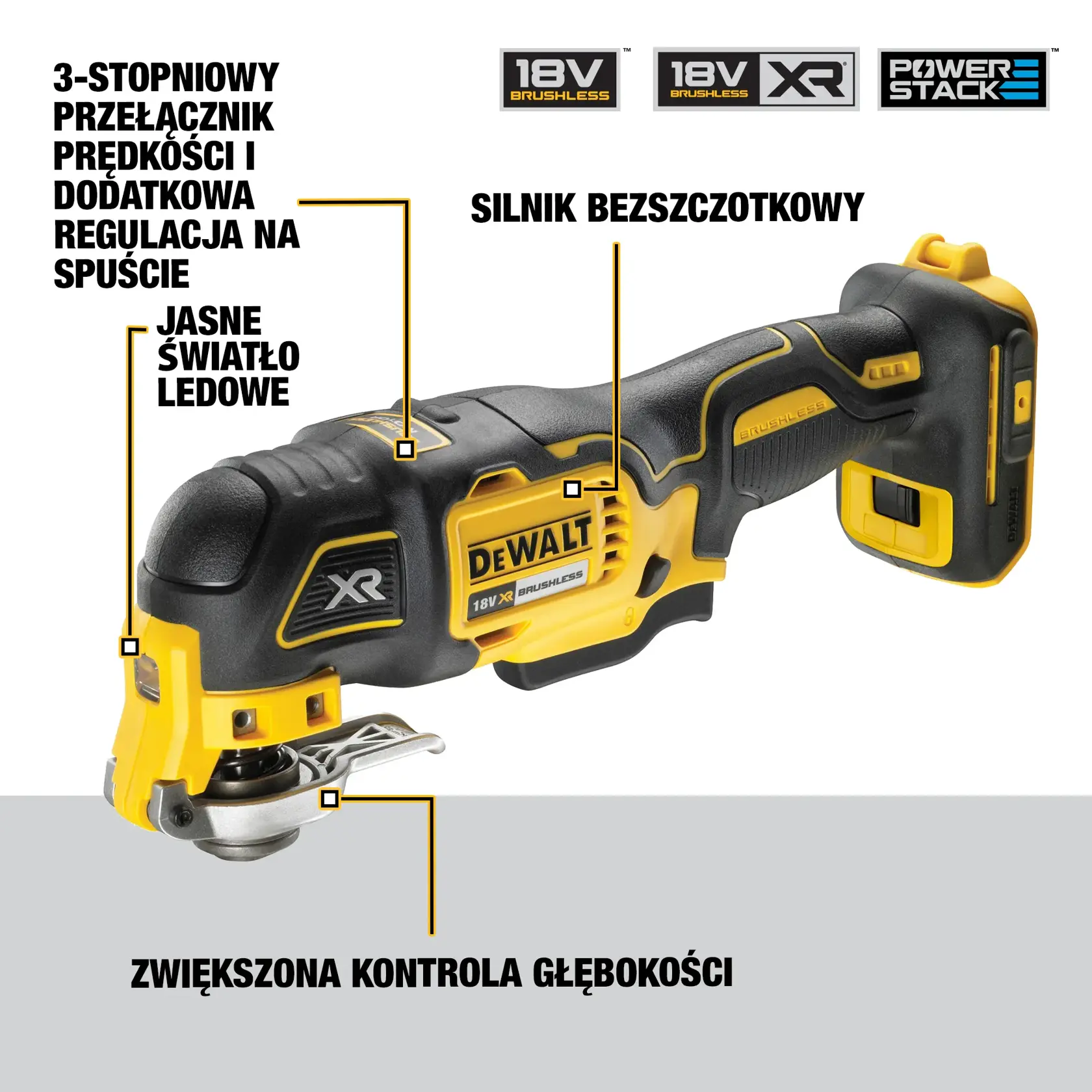 Bezszczotkowe narzędzie wielofunkcyjne oscylacyjne DEWALT® 18 V XR® z 1 akumulatorem POWERSTACK™ 1.7 Ah