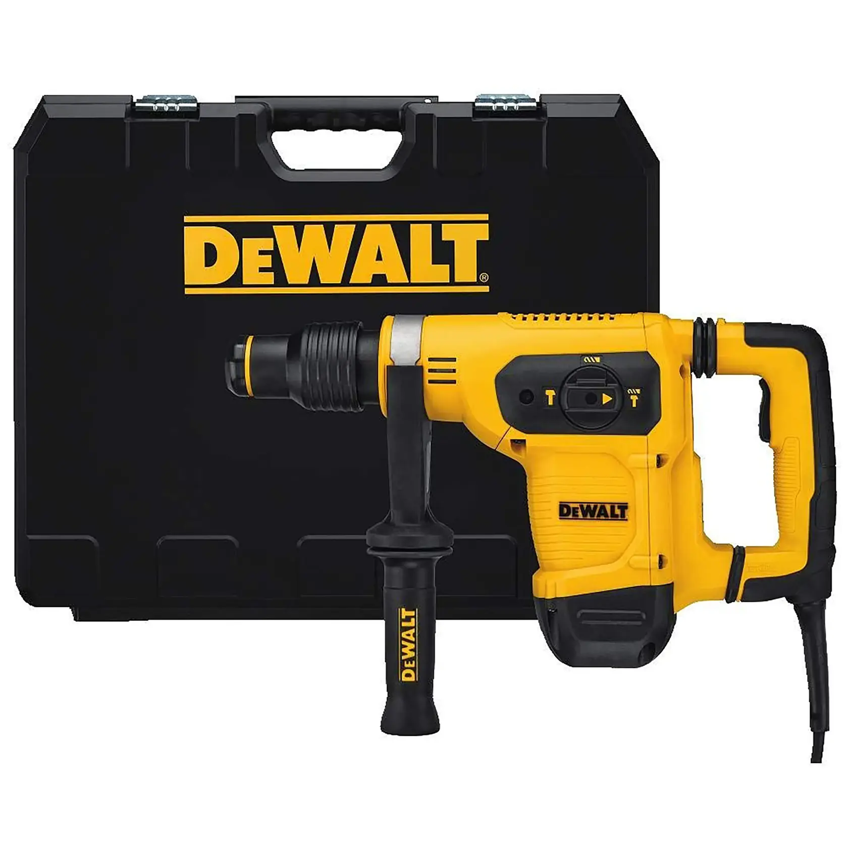 Ein gelb-schwarzer DEWALT-Bohrhammer mit Seitengriff, gezeigt vor einem schwarzen DEWALT-Tragekoffer.