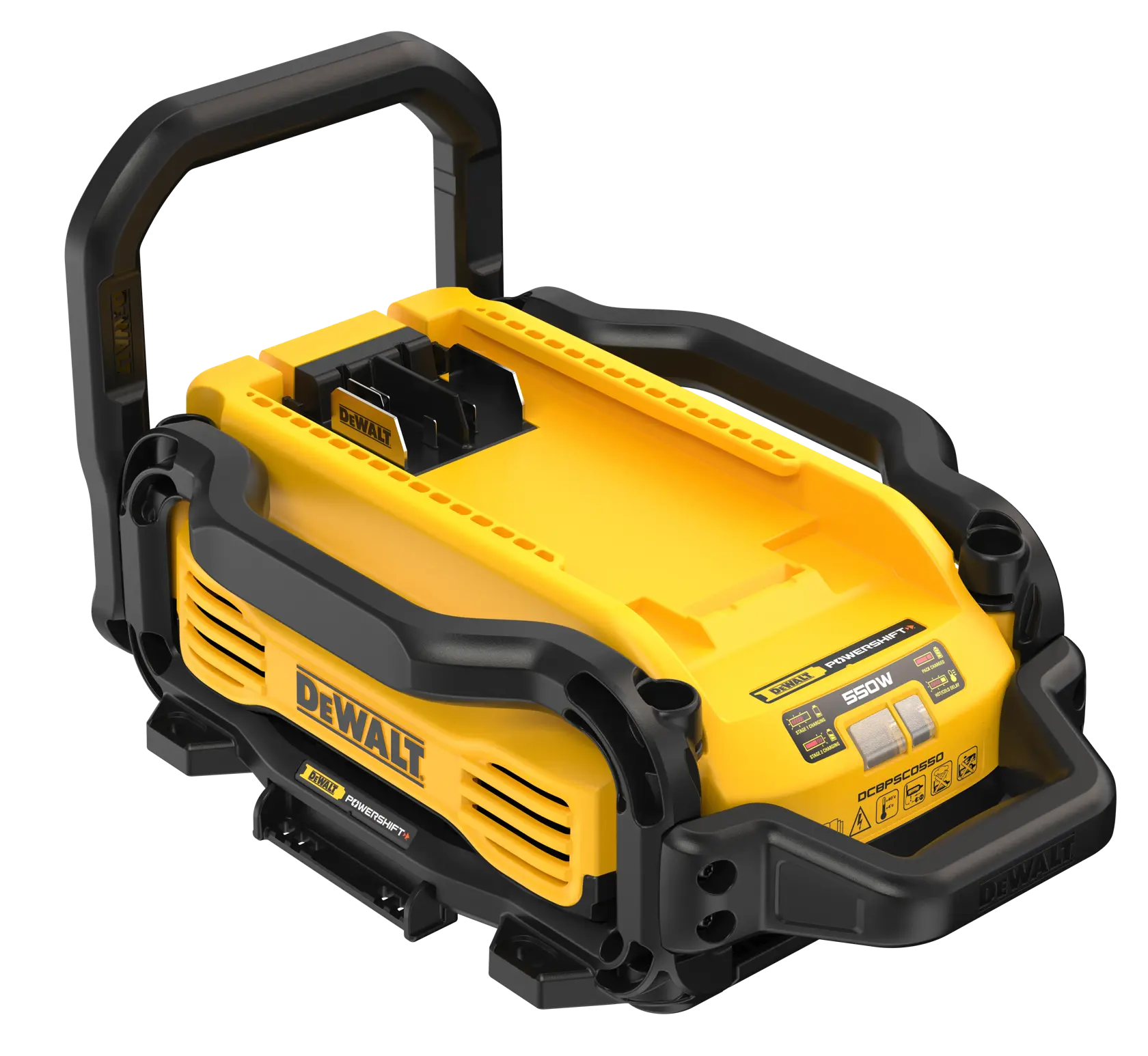 Przenośna stacja zasilania DEWALT, model DCBPSC0550, w żółto-czarnym kolorze, z uchwytem i miejscem na akumulatory. Przednia część urządzenia pokazuje logo DEWALT, oznaczenia sterowania i specyfikacje.