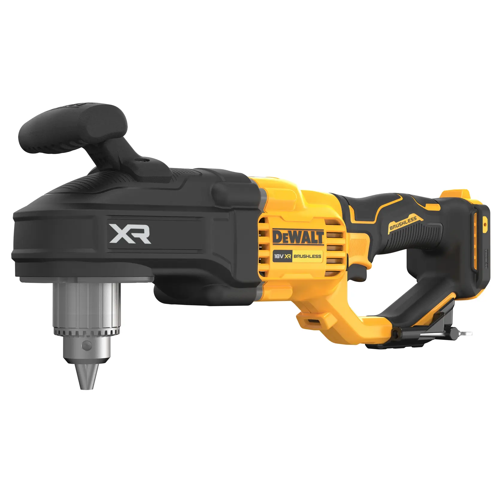 Bezszczotkowa wiertarka kątowa DEWALT DCD444N 18V XR bezprzewodowa, pokazana w kolorze żółtym i czarnym z bocznym uchwytem i bezkluczykowym uchwytem.