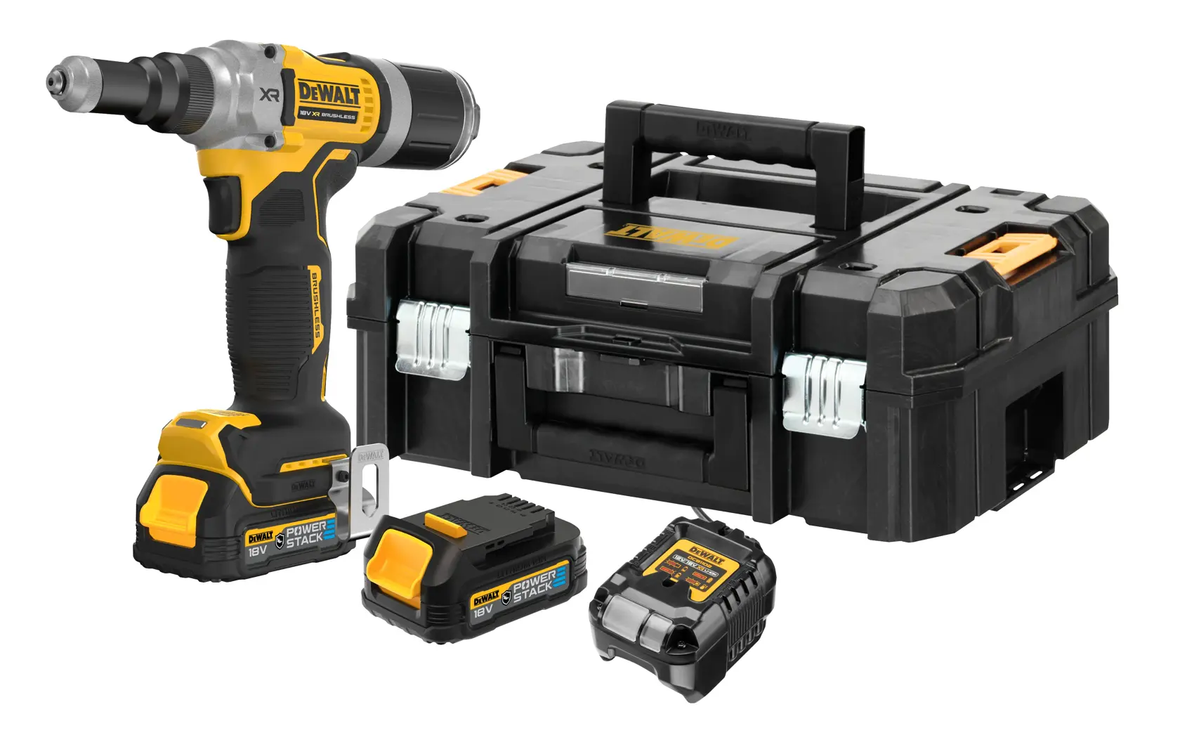 Zestaw bezprzewodowego klucza udarowego DEWALT DCF414E2GT z czarno-żółtym kluczem udarowym, dwiema bateriami Powerstack 18V, ładowarką do akumulatorów oraz czarną skrzynką DEWALT.