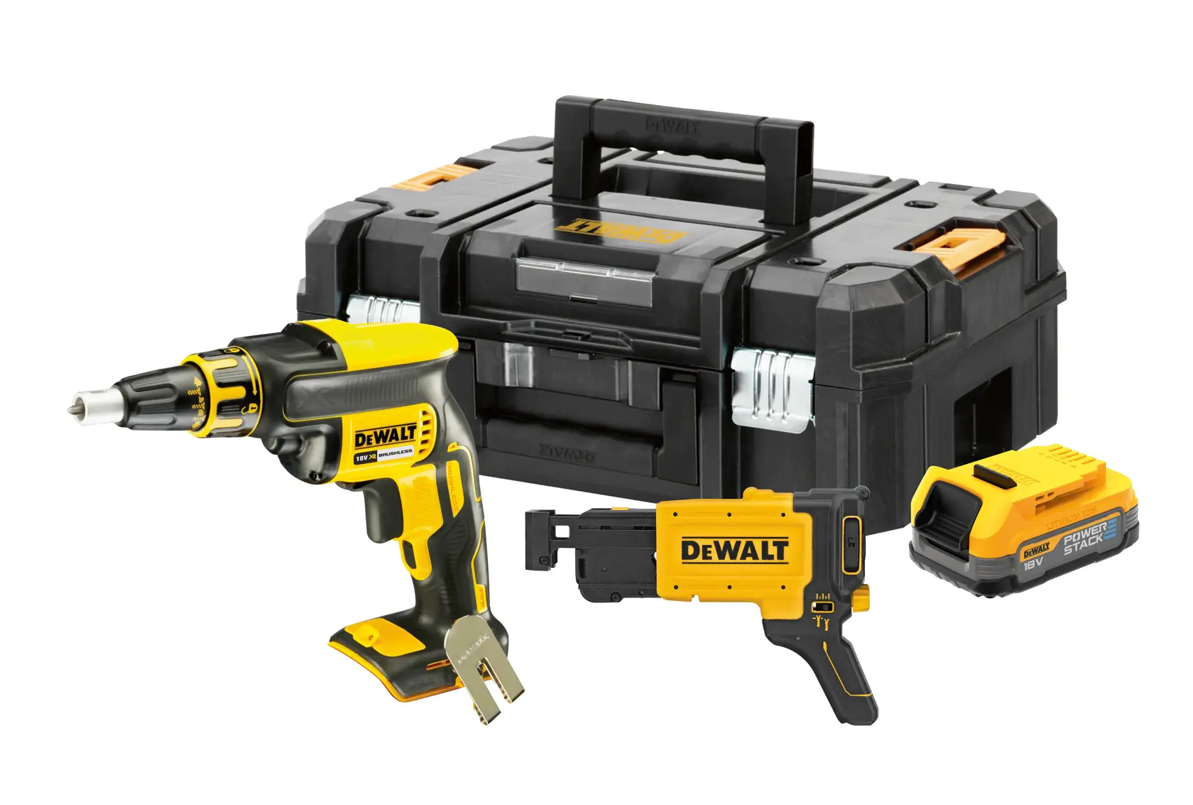 Bezszczotkowa    wkrętarka    do    płyt    gipsowo-kartonowych    z    magazynkiem    -    z    1    akumulatorem    POWERSTACK™    1,7    Ah    DEWALT®    18V    XR®