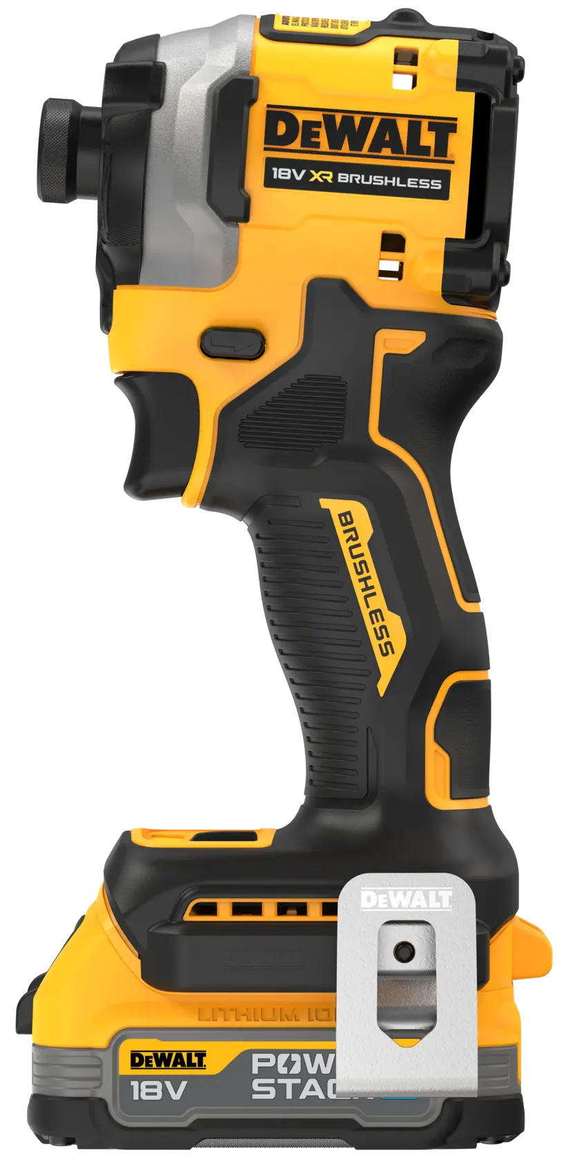 A DEWALT 18V XR Brushless cordless impact driver, model DCF850E1T, featuring a compact design with a black and yellow color scheme, and a lithium-ion POWERSTACK battery attached at the base.