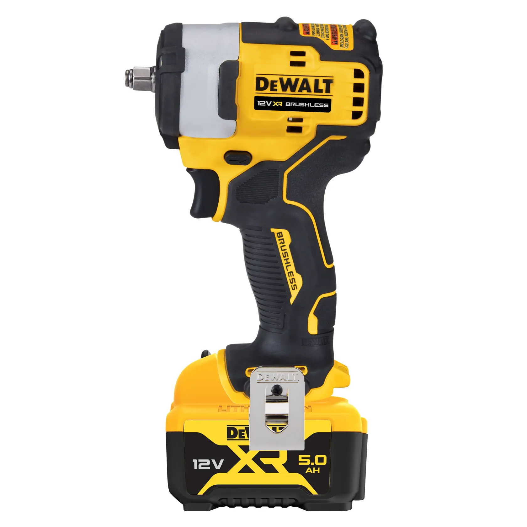 DEWALT DCF903P1 12V cordless impact wrench with brushless motor and 5.0 Ah battery, shown upright.