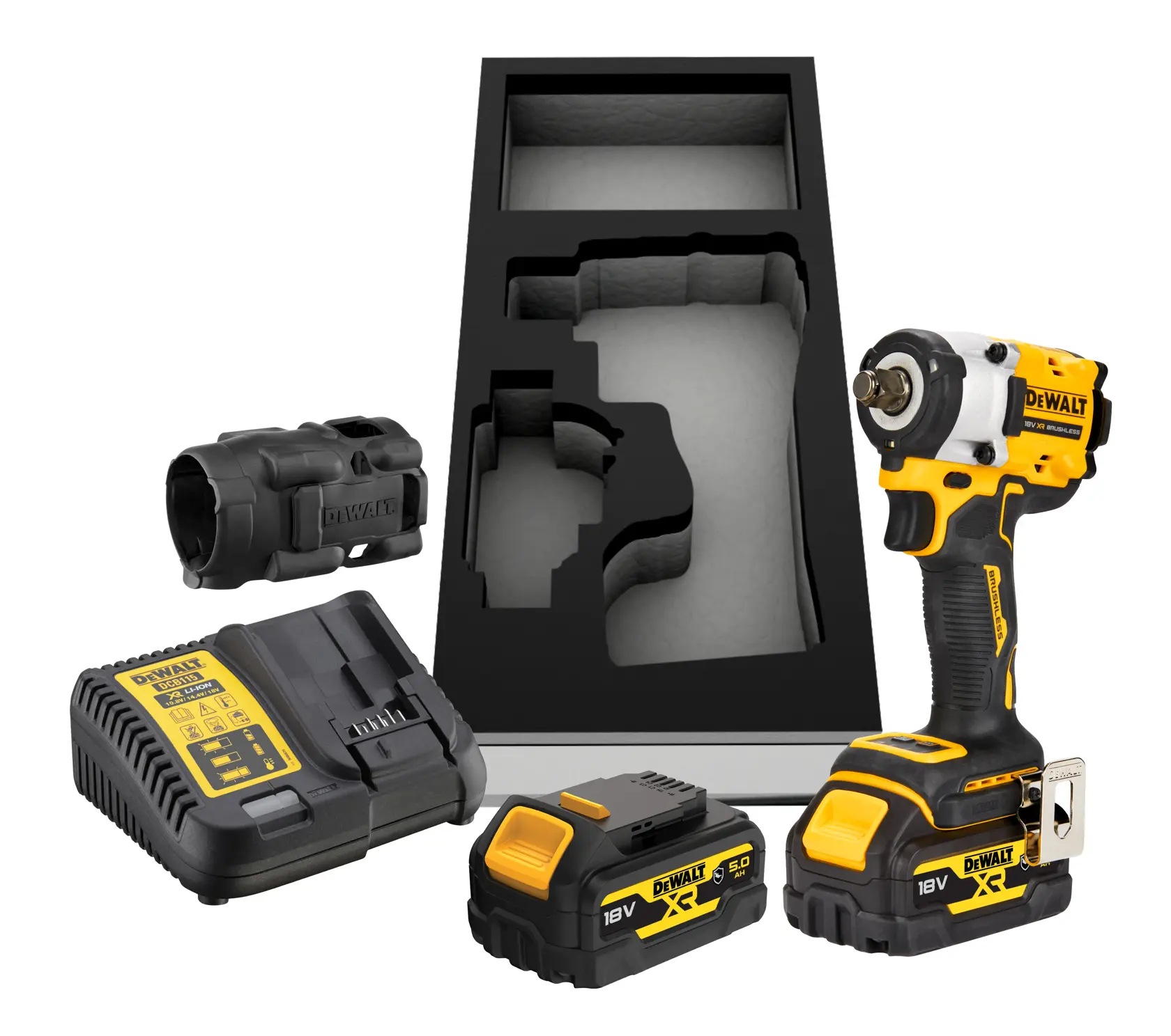 Bezszczotkowy kompaktowy klucz udarowy 1/2 cala z pierścieniem zabezpieczającym - z dwoma akumulatorami 5 Ah, wersja motoryzacyjna DEWALT® 18V XR®