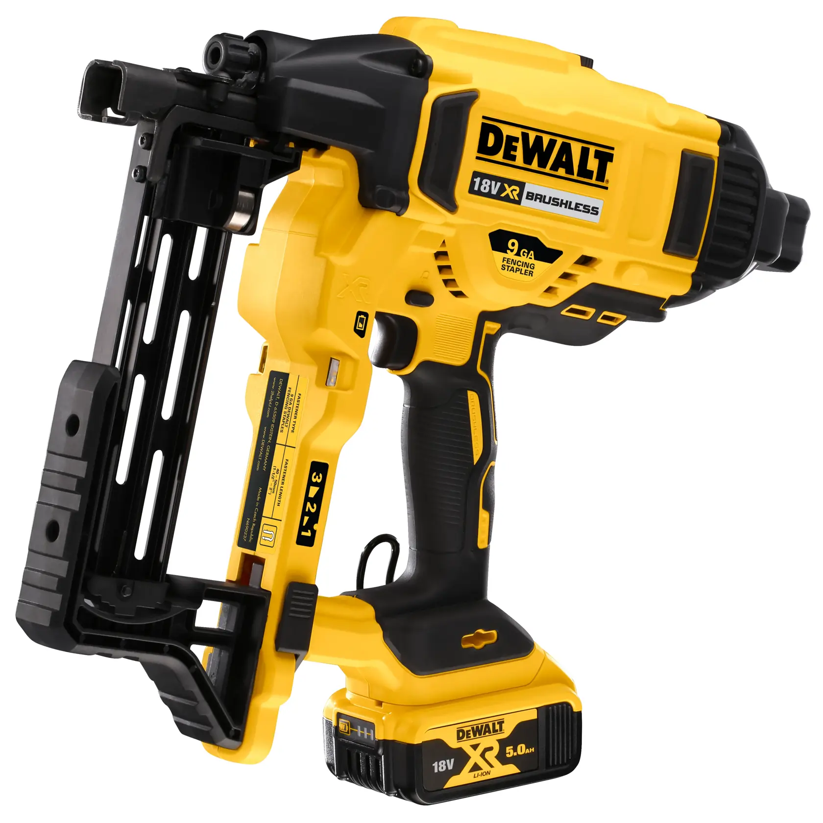 Zszywacz do ogrodzeń DEWALT 18V XR Brushless z żółto-czarnym designem. Narzędzie posiada akumulator i ergonomiczny uchwyt, stosowane do mocowania zszywek do ogrodzeń.