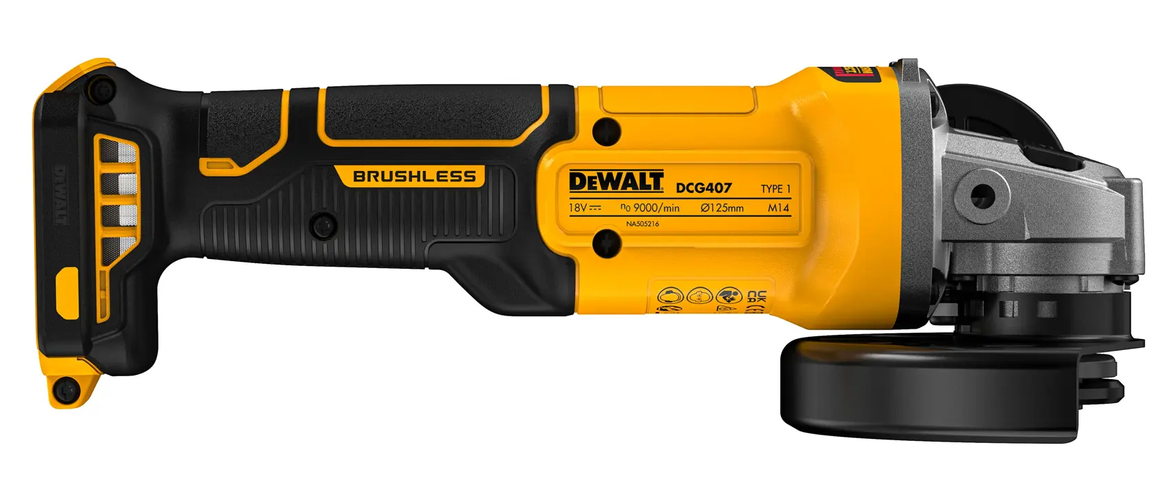 DEWALT cordless grinder DCG407NT, DCG407N-XJ, yellow and black, displayed side view.