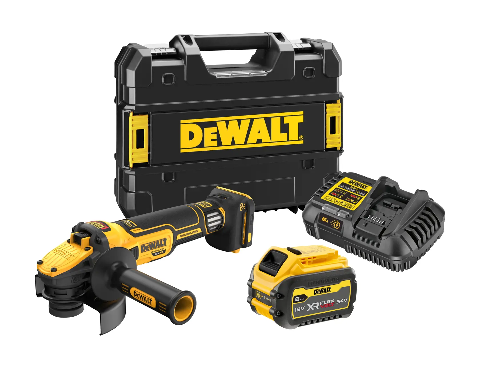 Szlifierka kątowa DEWALT® 18V XR® bezszczotkowa 125 mm z regulacją prędkości i technologią FLEXVOLT® ADVANTAGE™ - 1 x 6 Ah