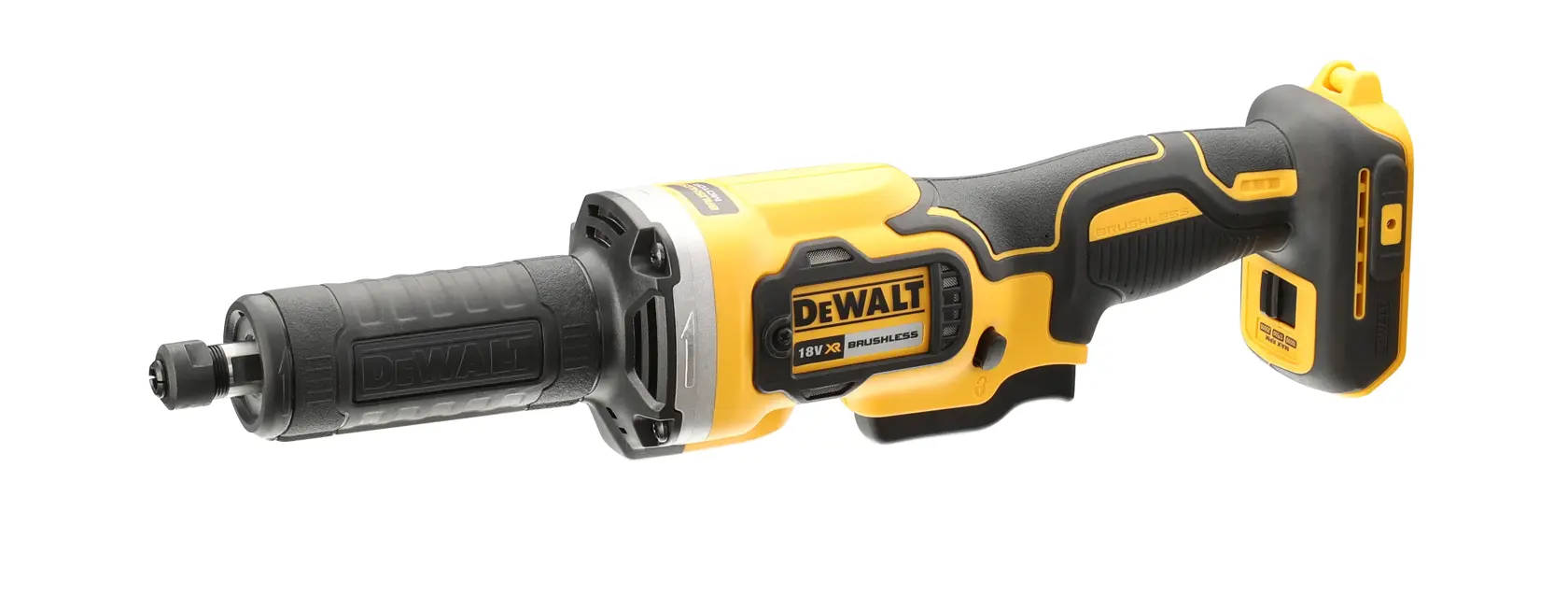 Bezprzewodowa prosta szlifierka DEWALT DCG426N w kolorze żółtym i czarnym, pokazana bez akumulatora, z ergonomicznym uchwytem i silnikiem bezszczotkowym.