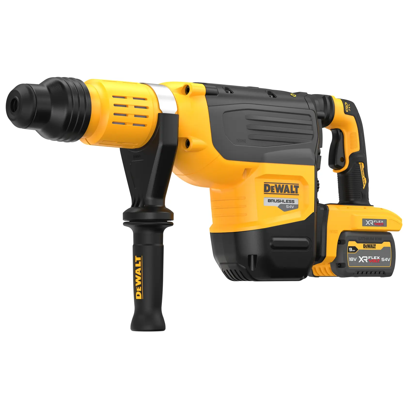 Żółto-czarny bezszczotkowy bezprzewodowy młotowiertarka DEWALT, model DCH775X2, z dołączoną baterią XR FLEXVOLT litowo-jonową i bocznym uchwytem.