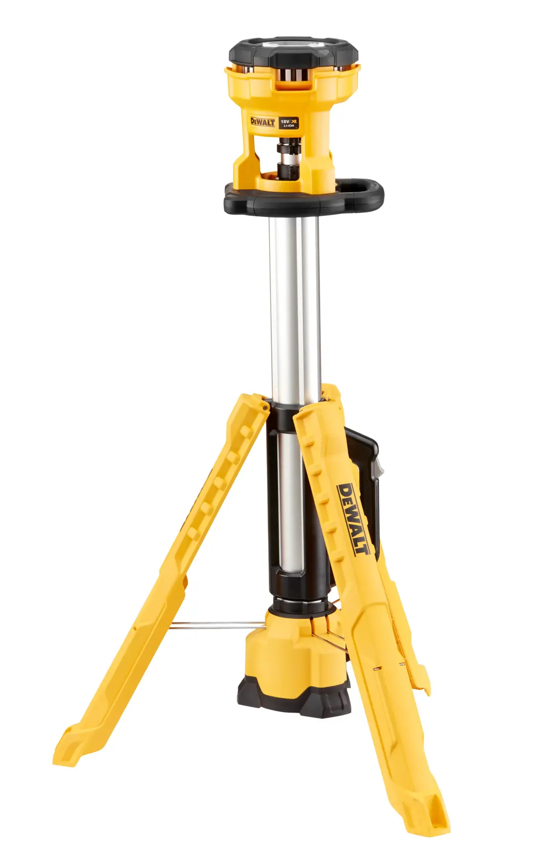 Przenośna lampa robocza LED DEWALT DCL079 na statywie z regulowaną wysokością, w kolorze żółtym i czarnym, pokazana z rozstawionymi trzema nogami.