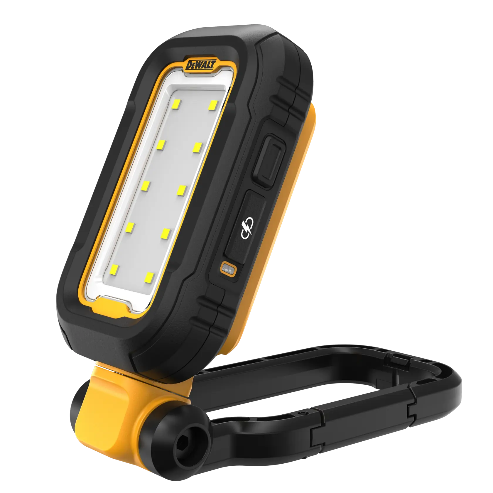 Przenośna lampa robocza LED DEWALT DCL182 z wytrzymałą czarno-żółtą obudową, regulowaną podstawką i kilkoma diodami LED, pokazana na białym tle.