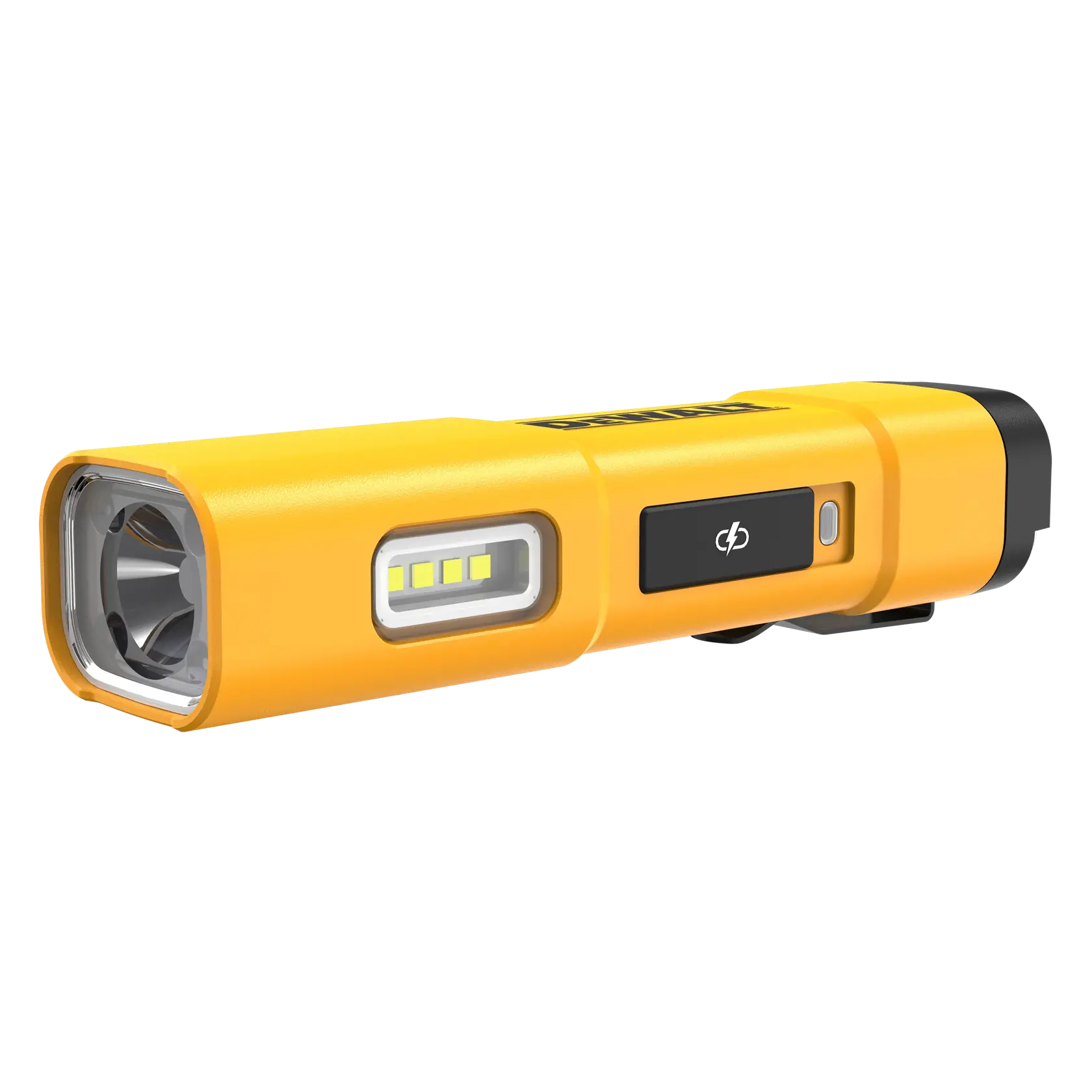 Żółta ładowana latarka LED DEWALT DCL183 o prostokątnym kształcie, z bocznym panelem diod LED i przyciskiem zasilania.