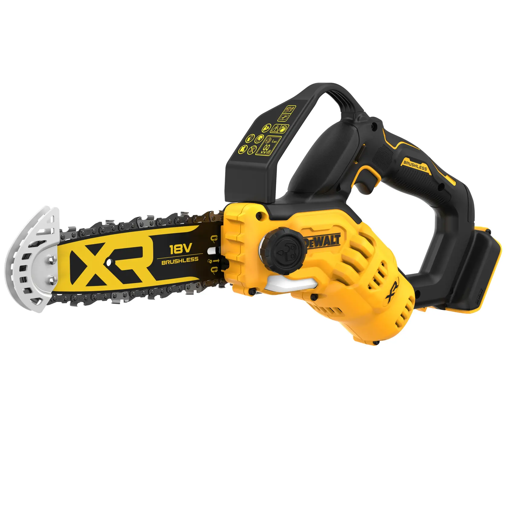 Bezprzewodowa pilarka łańcuchowa DEWALT XR 18V brushless w żółto-czarnych barwach na białym tle.