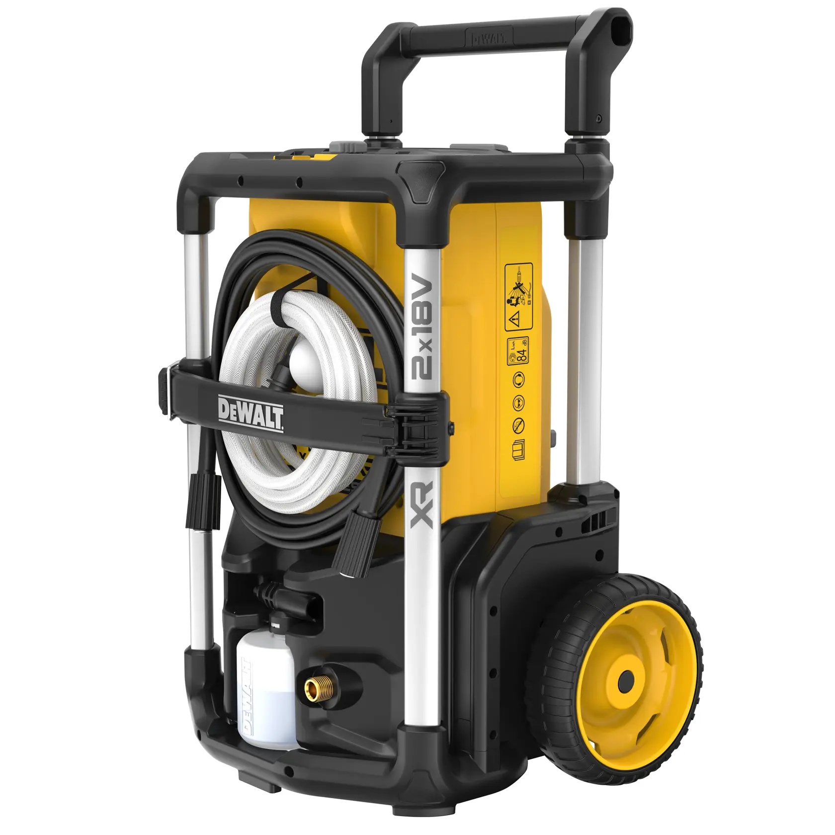 Przenośna myjka ciśnieniowa DEWALT, model DCMPW1600, w żółto-czarnym kolorze, z dużymi kołami ułatwiającymi transport, przewodem zwiniętym z przodu i ergonomicznym uchwytem.