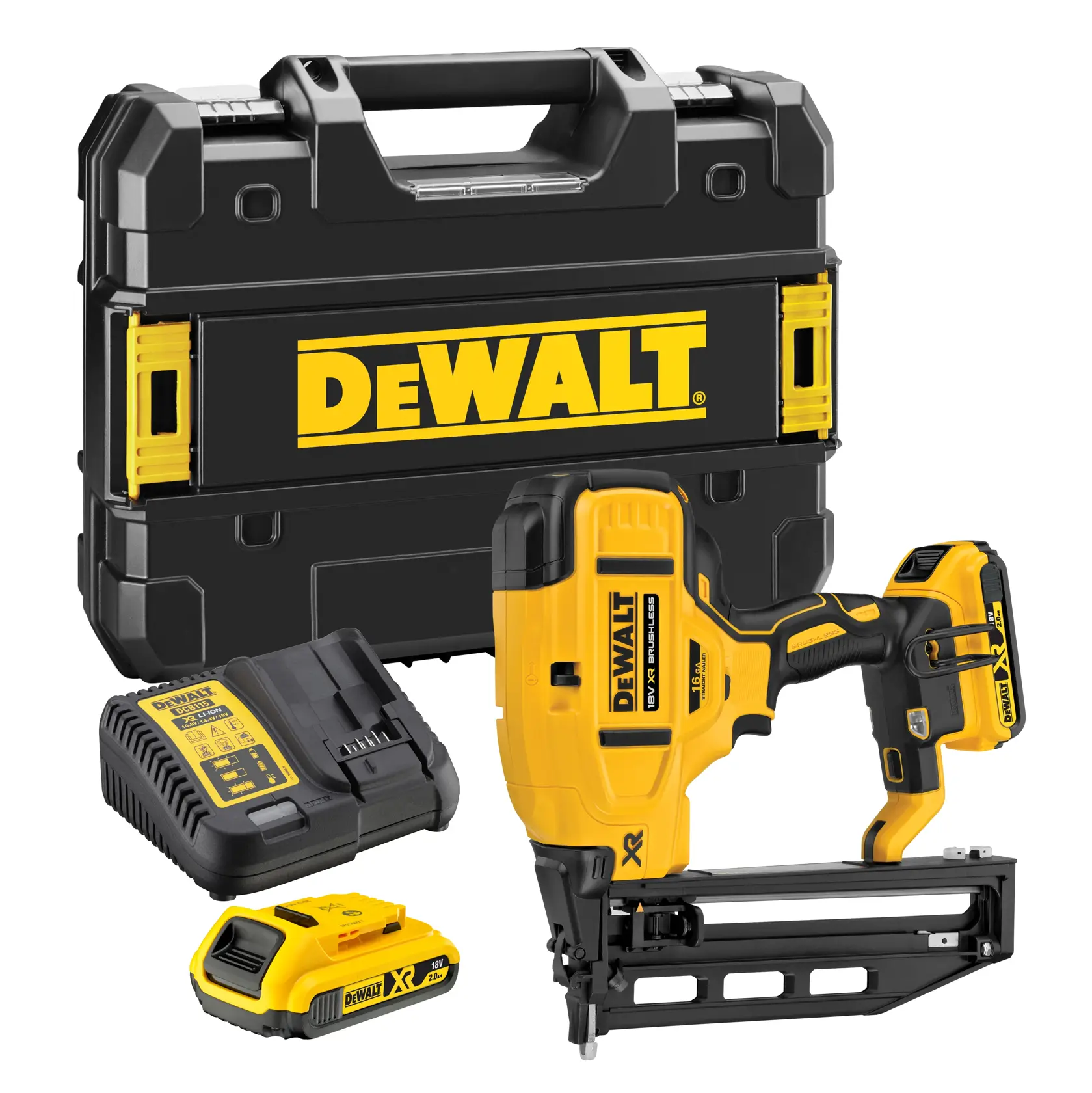 Gwoździarka wykończeniowa prosta DEWALT® 18V XR®bezszczotkowa (16 Gauge) z 2 akumulatorami 2 Ah)