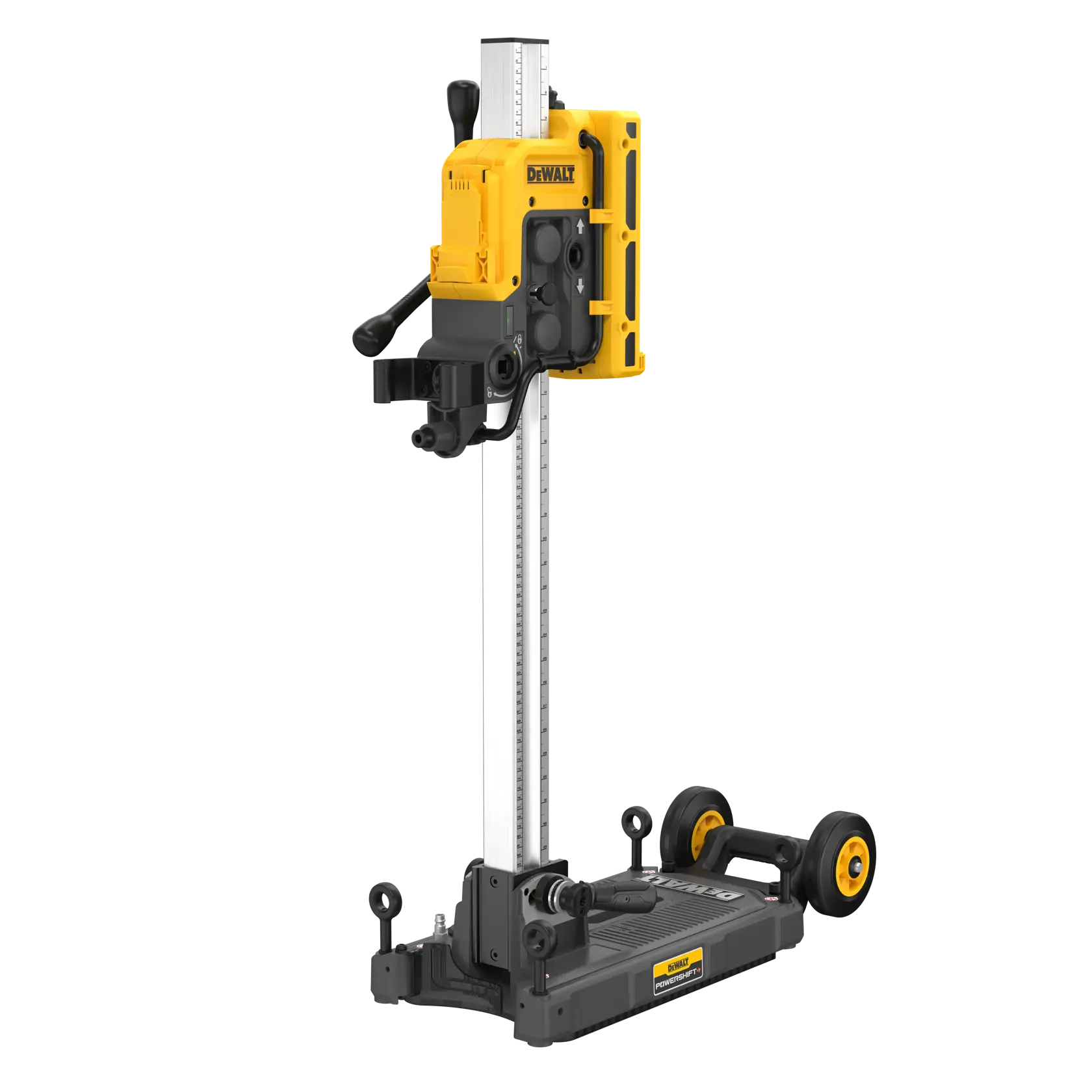 Stojące elektronarzędzie DEWALT, najprawdopodobniej stojak do wiertnicy rdzeniowej z żółto-czarnym designem, pionową metalową kolumną, regulowanymi dźwigniami i podstawą na kółkach ułatwiającą transport.