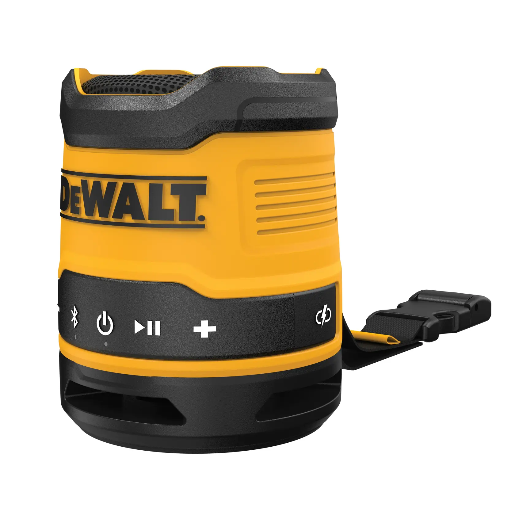 Przenośny głośnik Bluetooth DEWALT w kolorach żółtym i czarnym, z przyciskami sterującymi i paskiem do przenoszenia.