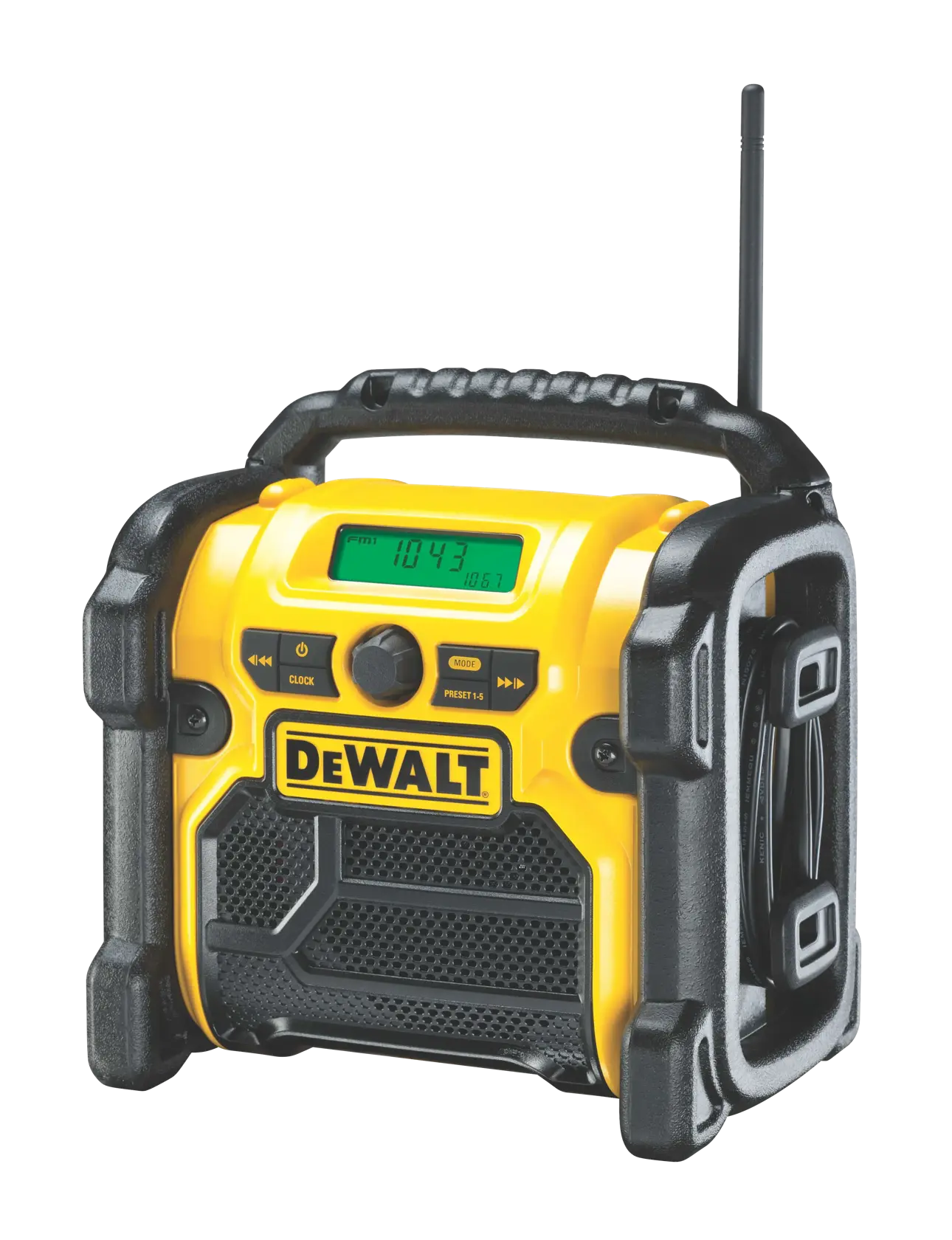 Przenośne radio na plac budowy DEWALT z solidną żółto-czarną obudową, wyświetlaczem cyfrowym, przyciskami sterującymi, uchwytem u góry i anteną.