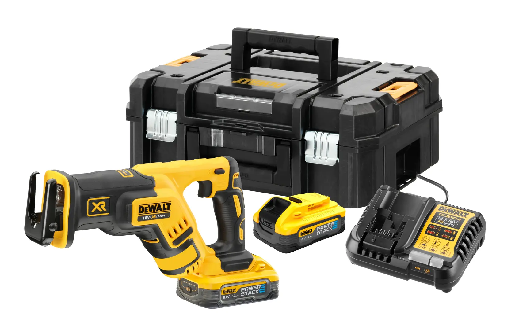 Zestaw DEWALT DCS367H2T: bezprzewodowa piła szablasta żółto-czarna, dwie baterie POWERSTACK 18V, ładowarka oraz solidna czarna walizka z uchwytem.