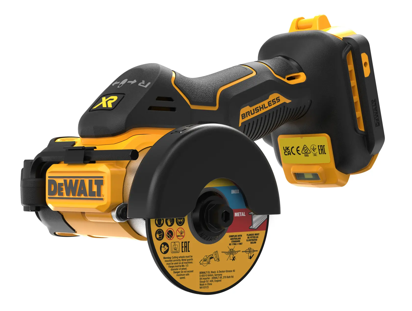 Bezprzewodowe narzędzie tnące DEWALT DCS438N bezszczotkowe, z osłoną ochronną i logo DEWALT, pokazane z tarczą do cięcia metalu.