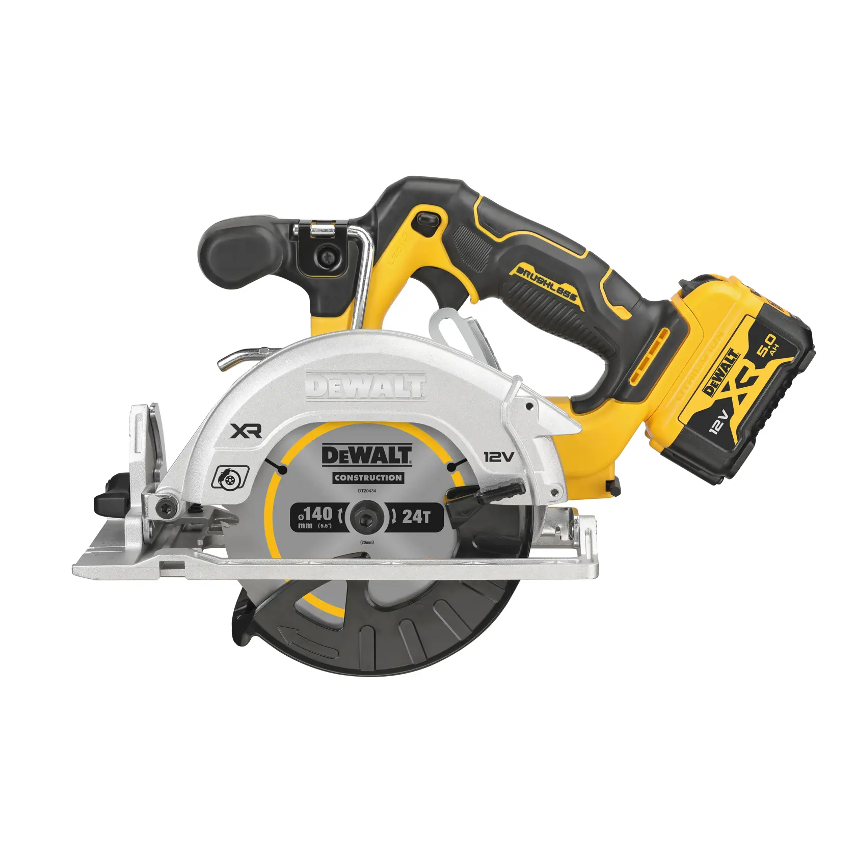 Bezszczotkowa piła tarczowa DEWALT® 12 V XR® 140 mm z 2 akumulatorami 5 Ah