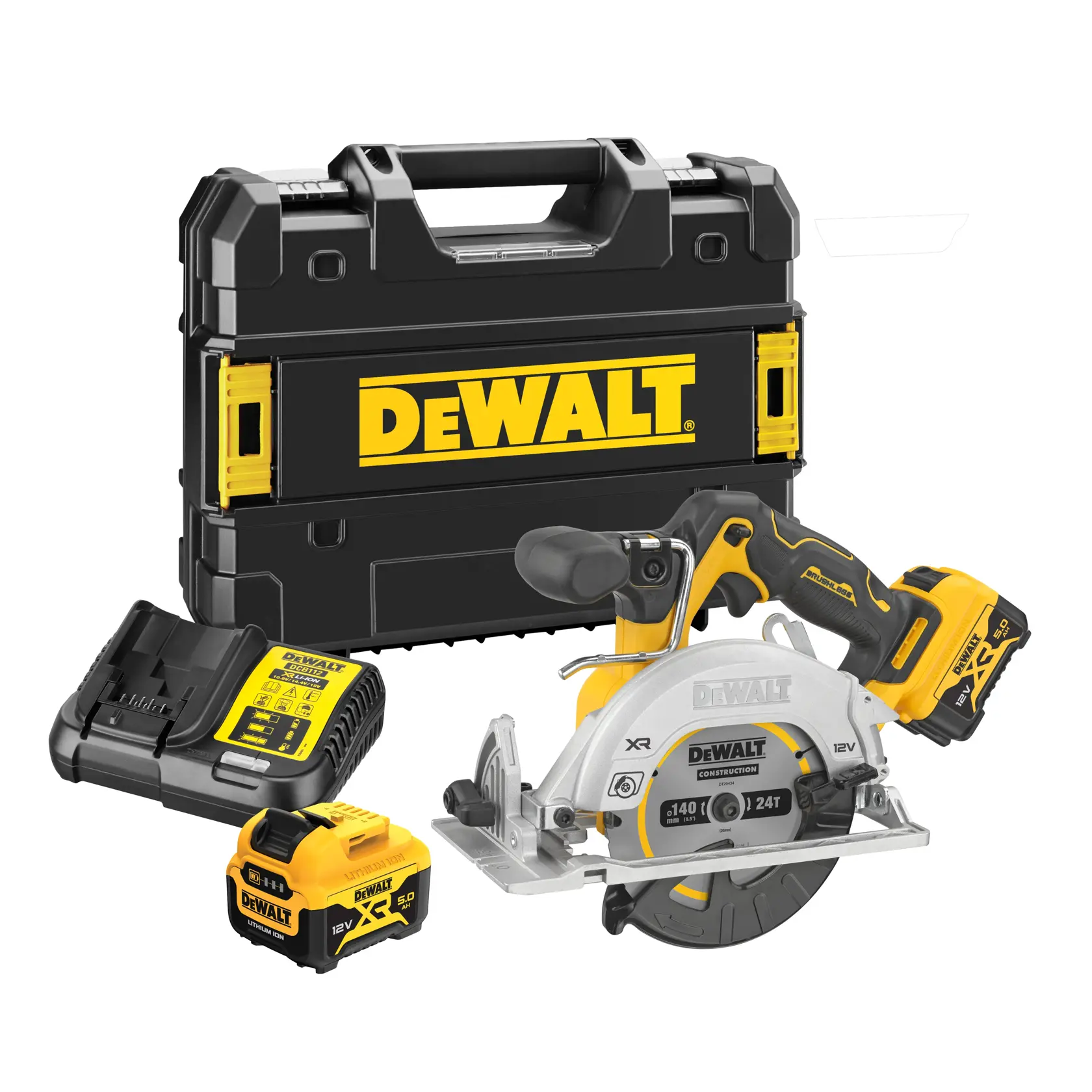 Bezszczotkowa piła tarczowa DEWALT® 12 V XR® 140 mm z 2 akumulatorami 5 Ah