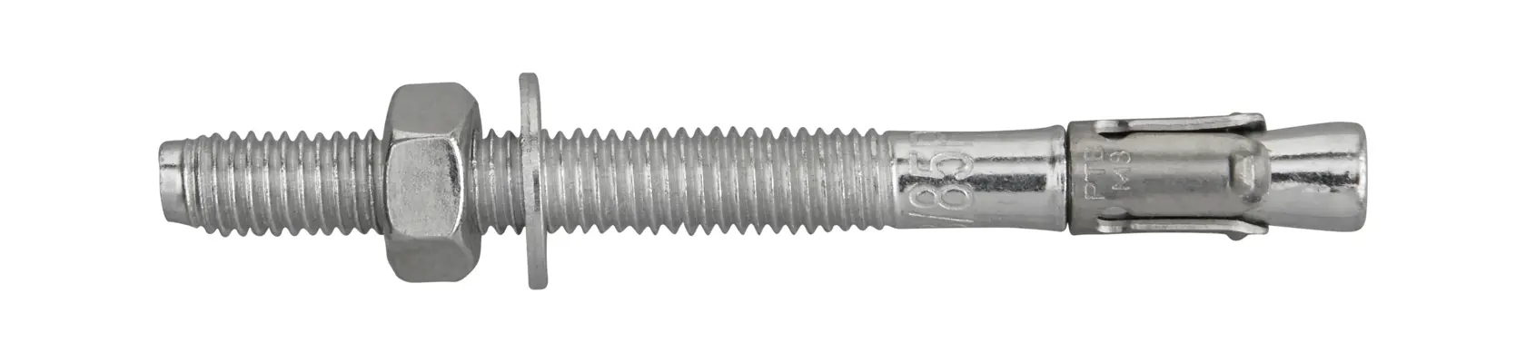 Tornillo de anclaje metálico con tuerca y arandela para fijar objetos pesados en superficies de concreto.