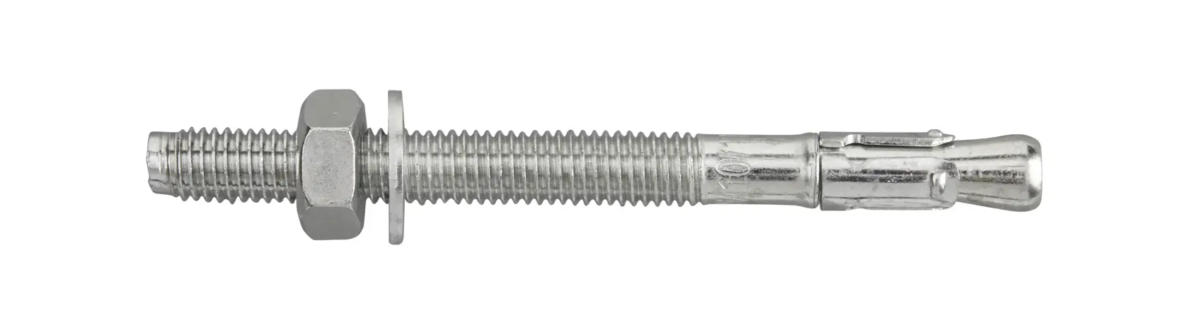 Tornillo de anclaje metálico con tuerca y arandela para fijación segura.