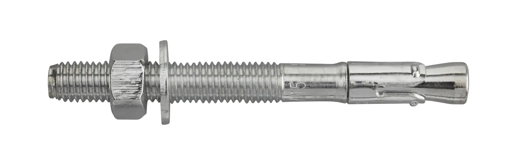 Tornillo metálico de expansión con tuerca y arandela, para fijación en concreto o mampostería.