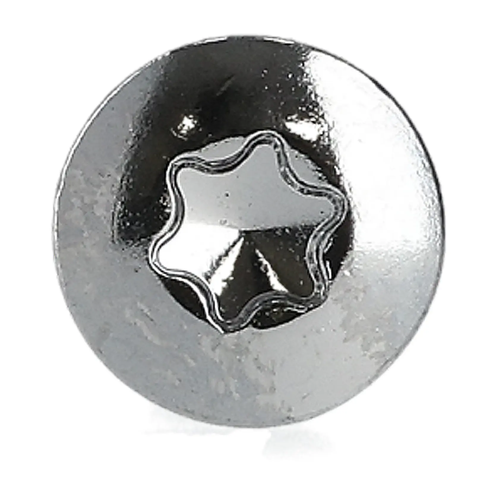 Close-up of a silver Torx screw head with a star-shaped pattern.