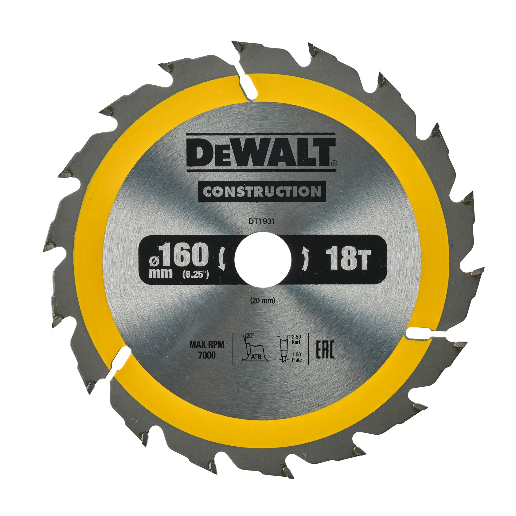 Hoja de sierra circular DEWALT DT1931 para construcción, diámetro de 160 mm, 18 dientes, color plateado con borde amarillo.