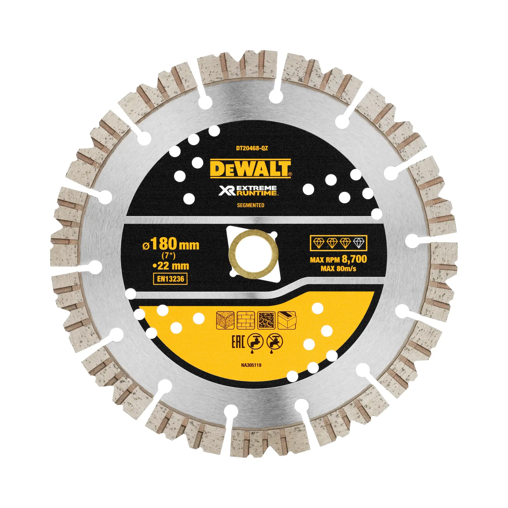 Tarcza diamentowa DEWALT® EXTREME RUNTIME segmentowa uniwersalna, 180 mm x 22,23 mm