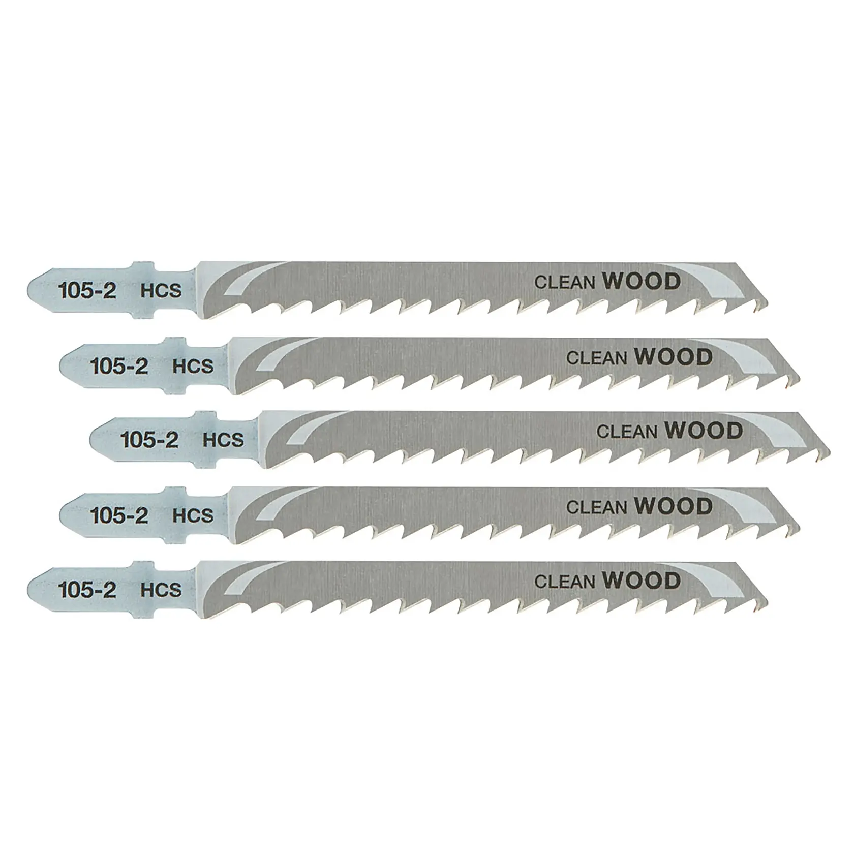 Juego de cinco hojas para caladora DEWALT HCS, ideal para cortes limpios en madera.