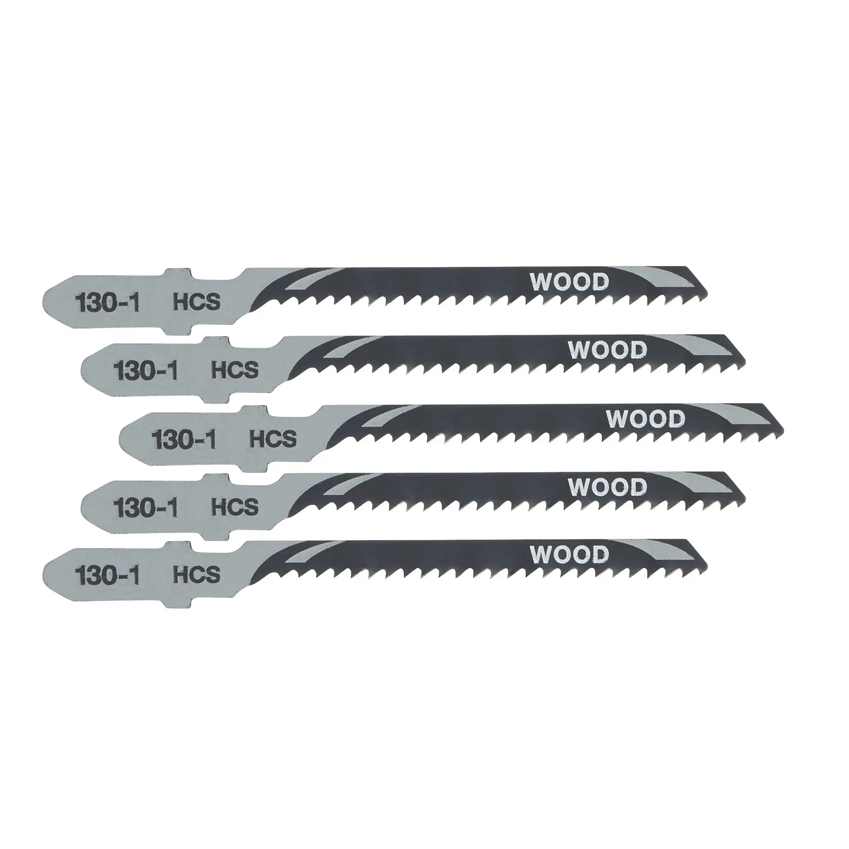 Juego de cinco hojas de caladora DEWALT DT2050, etiquetadas con '130-1 HCS' y 'WOOD', diseñadas para cortar madera.