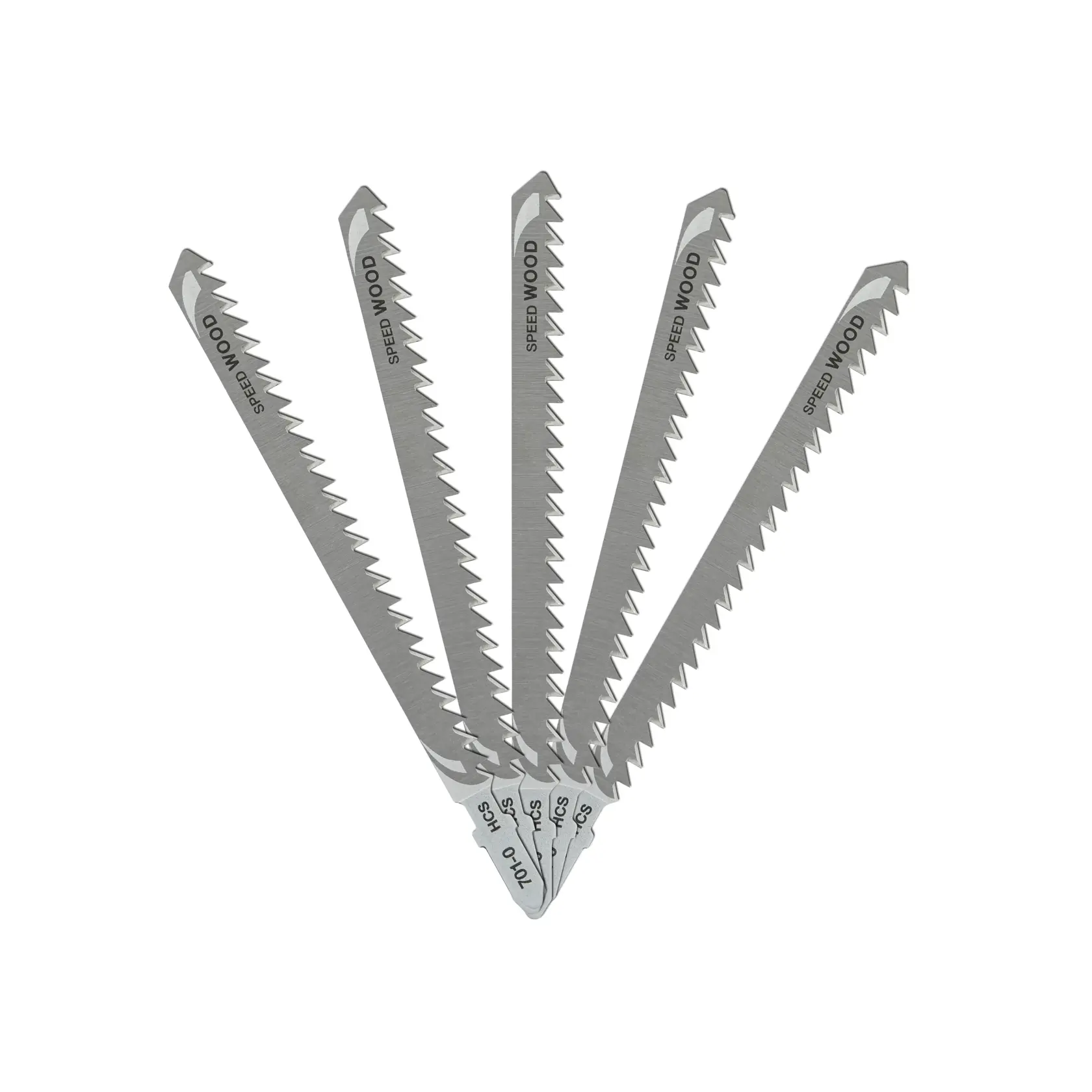 Cinco hojas de caladora DEWALT DT2051 para corte rápido de madera, abiertas en abanico con dientes afilados.