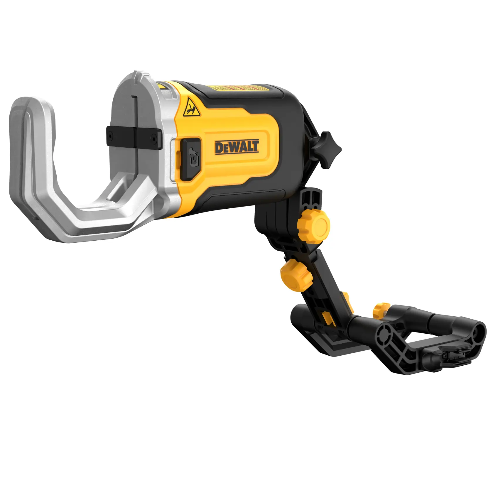 Akcesorium fotograficzne DEWALT DT20560 z regulowanym żółto-czarnym ramieniem montażowym i dużym metalowym zaciskiem, zaprojektowane do bezpiecznego trzymania przedmiotów podczas zadań fotograficznych.