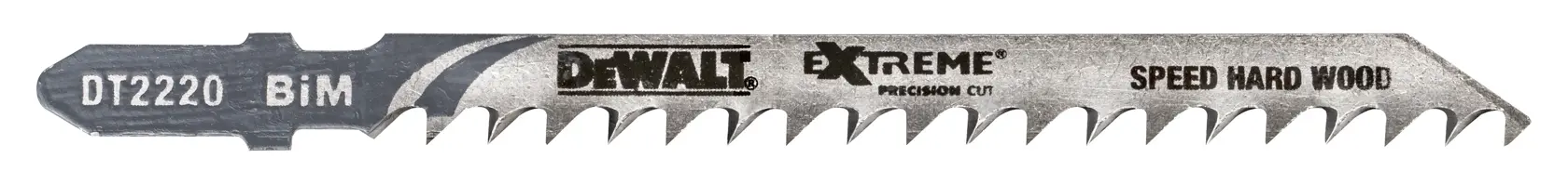 Hoja de caladora DEWALT DT2220 para madera dura, marcada BiM Extreme Precision Cut.