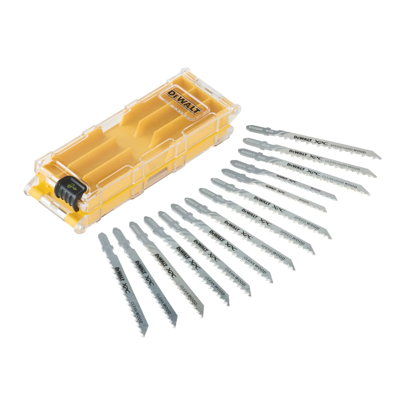 Ein DEWALT DT2298 Stichsägeblatt-Set mit einem gelben und transparenten Kunststoff-Aufbewahrungskasten. Das Set enthält mehrere Metallsägeblätter, die neben dem Kasten in Reihen angeordnet sind.