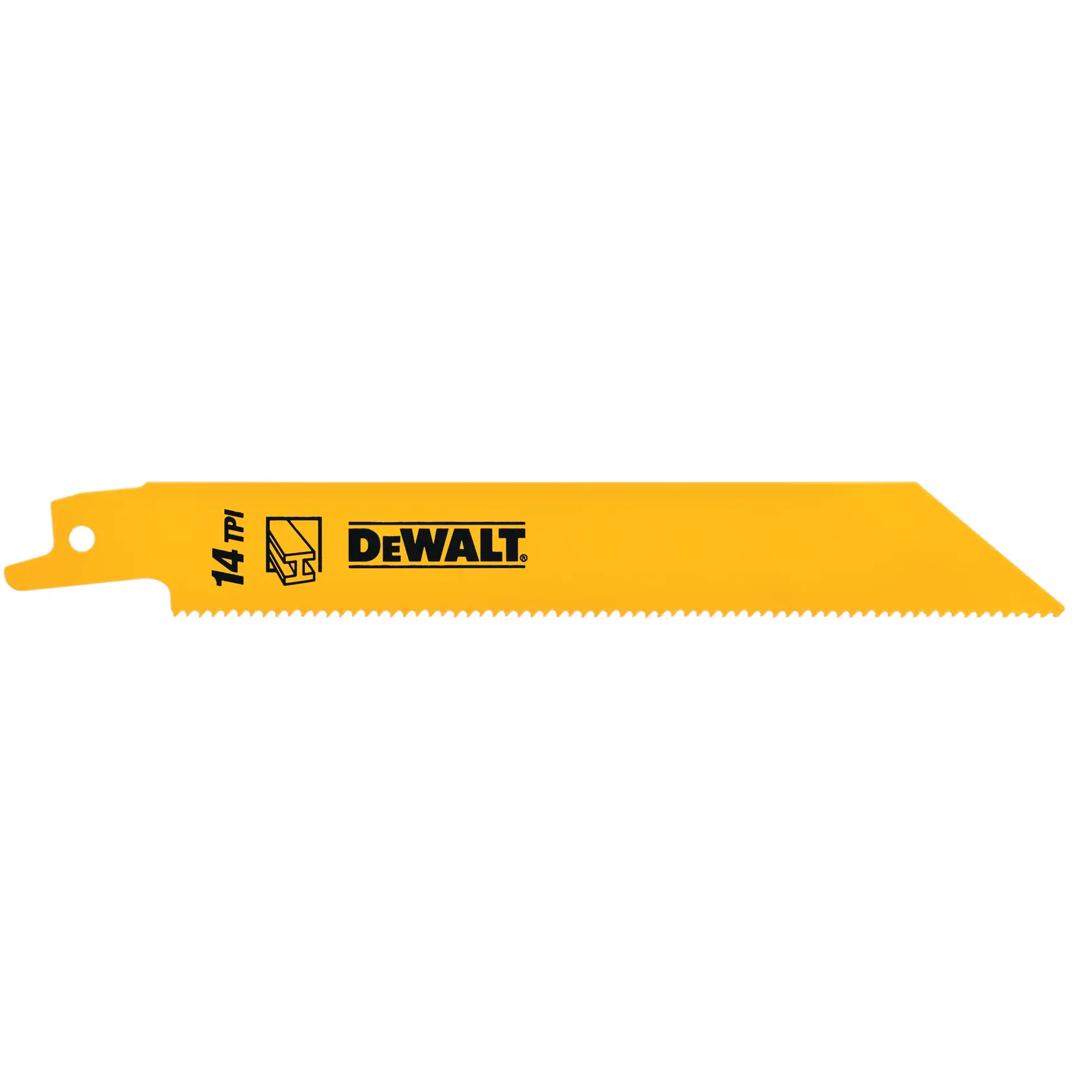 Hoja de sierra amarilla DEWALT 14 TPI para cortar madera y metal.