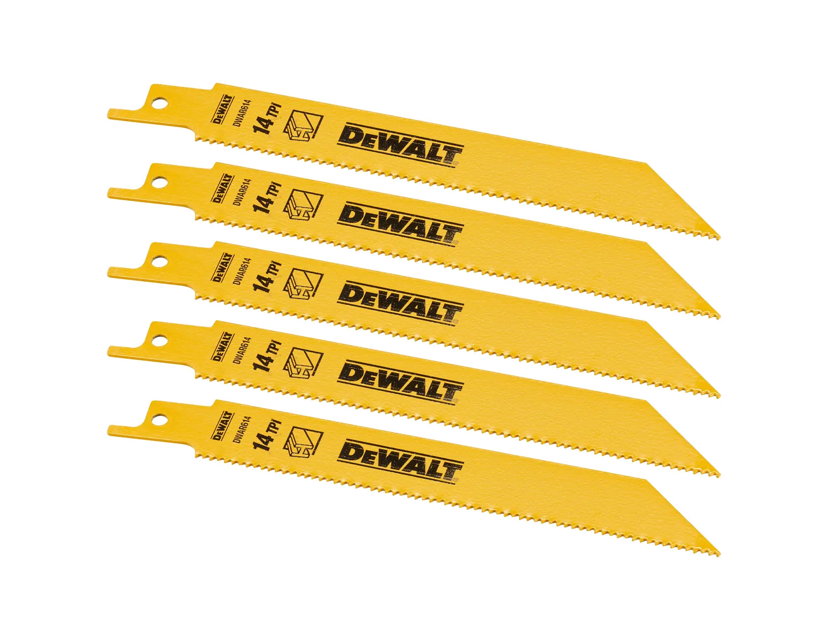 Cinco hojas amarillas DEWALT DT2361 para sierra recíproca, puntas, 14 TPI para cortar metal.