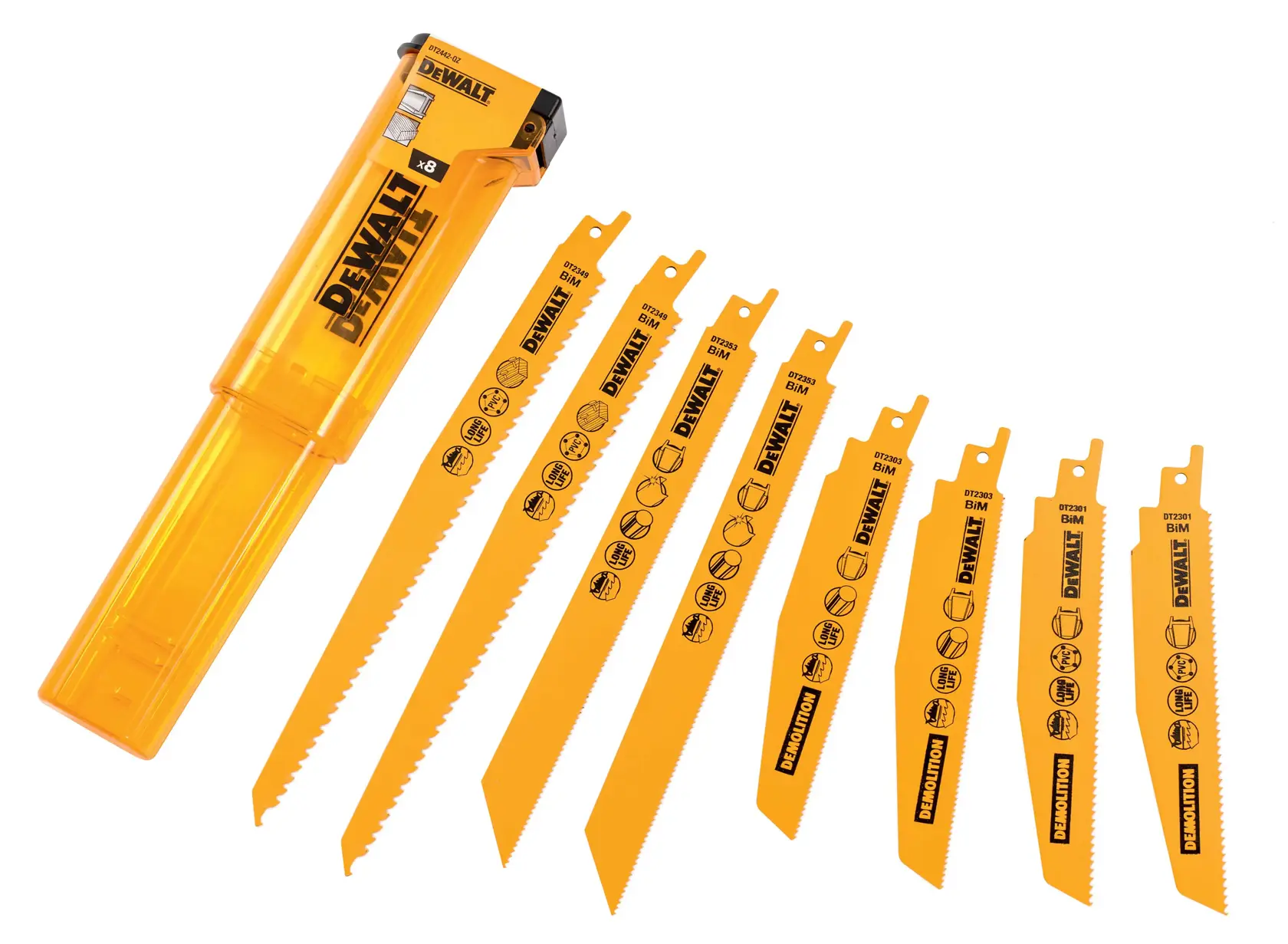 Juego de ocho hojas de sierra recíproca DEWALT de varios tamaños, junto a un estuche de almacenamiento amarillo DEWALT.