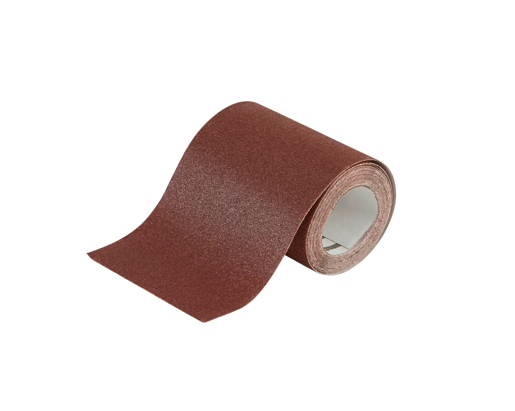 A roll of brown abrasive sandpaper, partially unrolled, isolated on a white background.