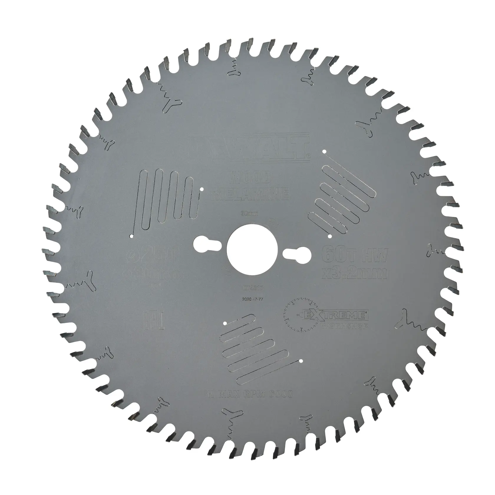 DEWALT DT4217 circular saw blade with multiple teeth and slots for wood cutting.