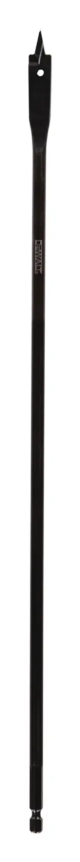 Long black spade drill bit with a pointed tip, designed for wood drilling applications. The bit is shown vertically on a white background.