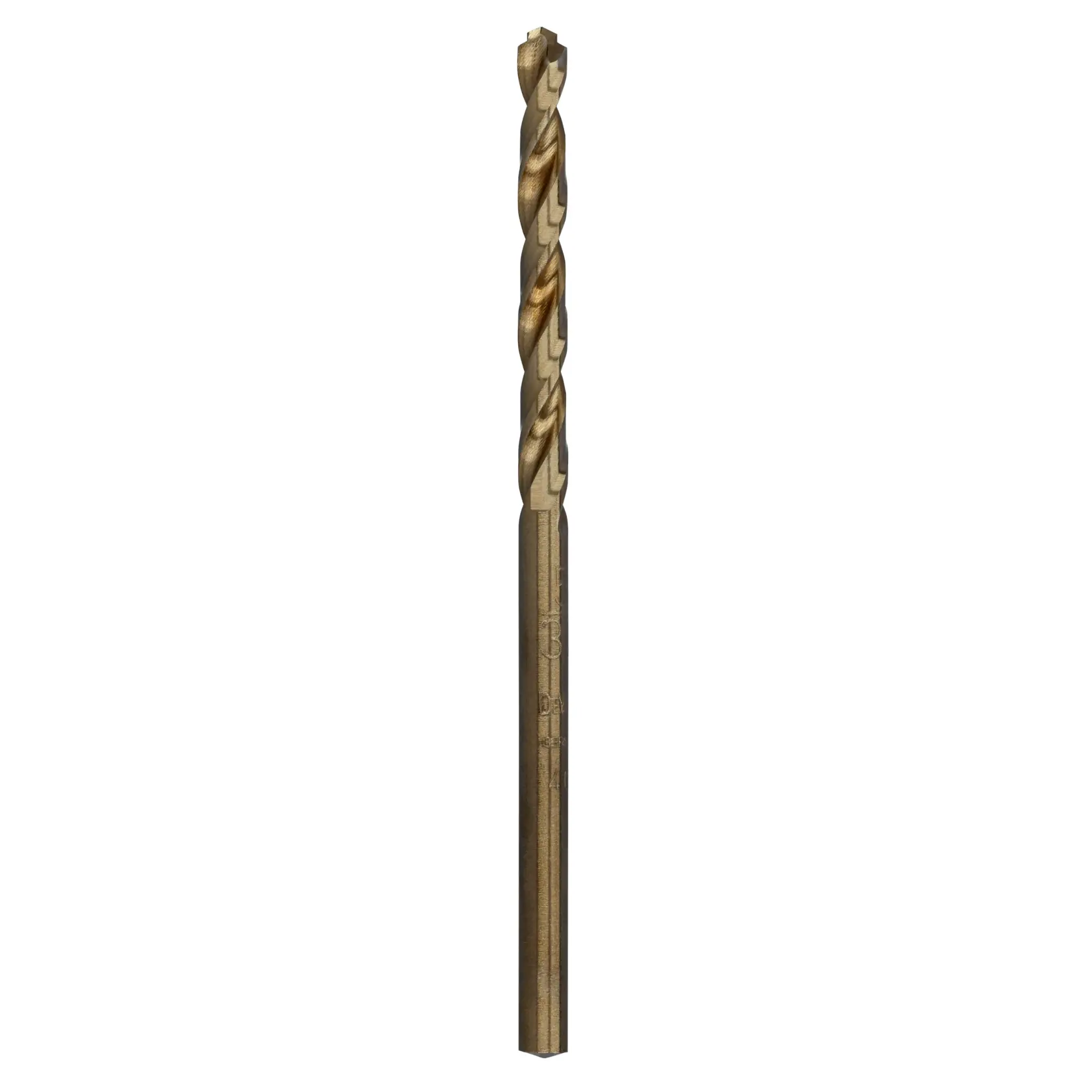 A single metallic twist drill bit standing upright against a white background.