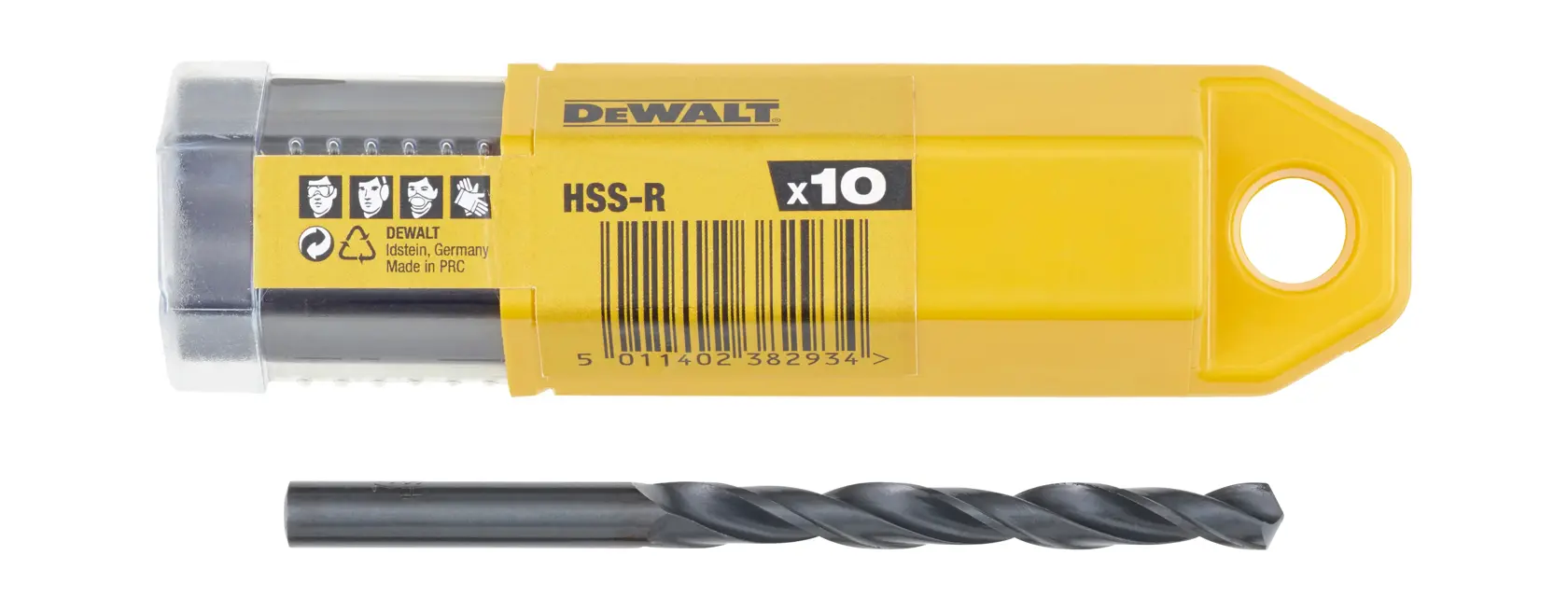 DEWALT DT5182 HSS-R drill bit with yellow packaging, shown with one metal bit below the box.