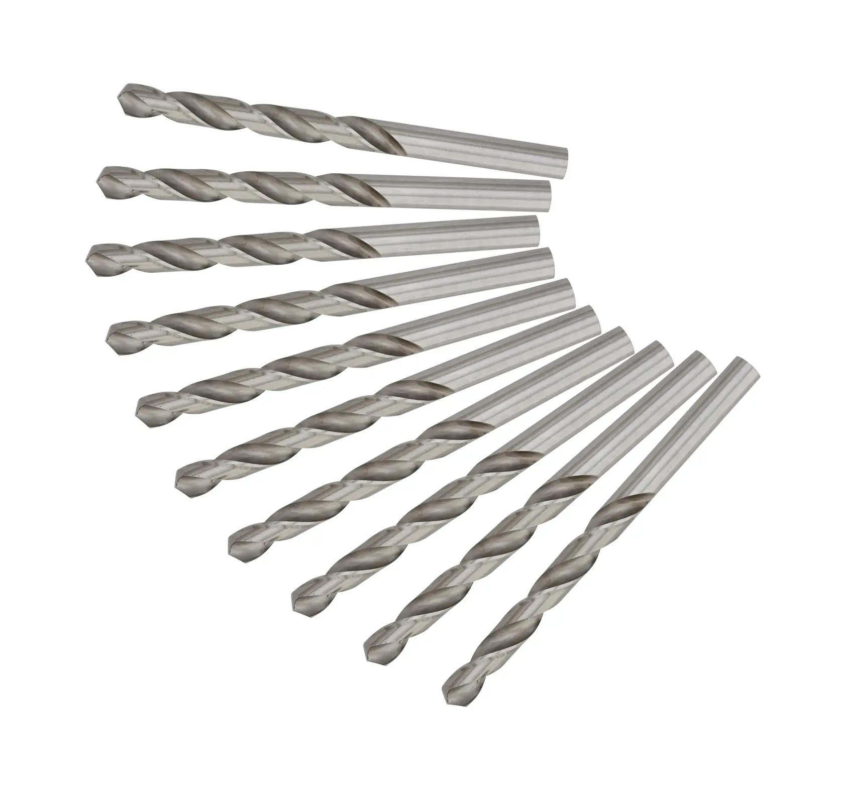 Set of ten silver metal drill bits arranged in a fan pattern on a white background.